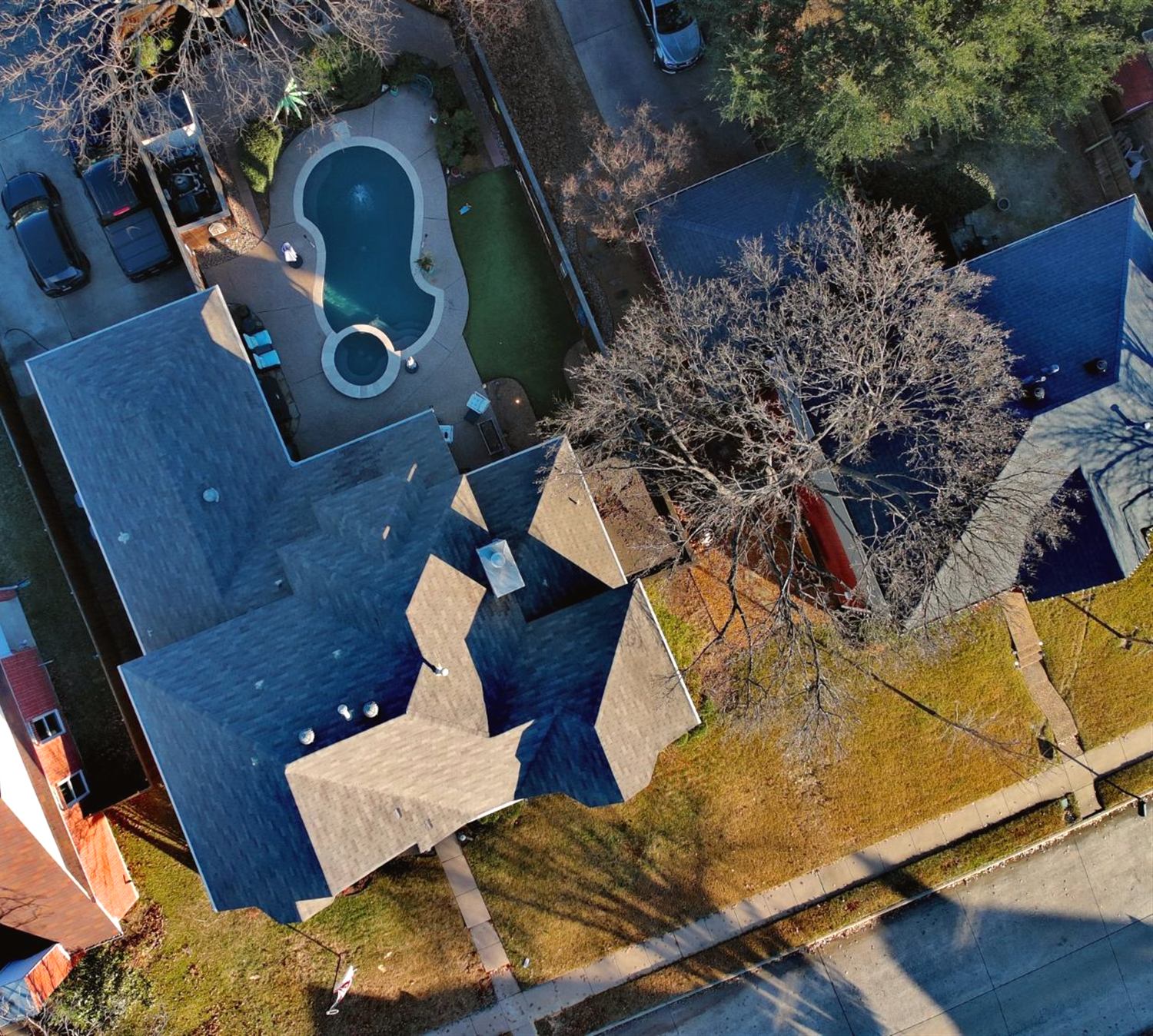 Drone inspection: full roof system overhead view